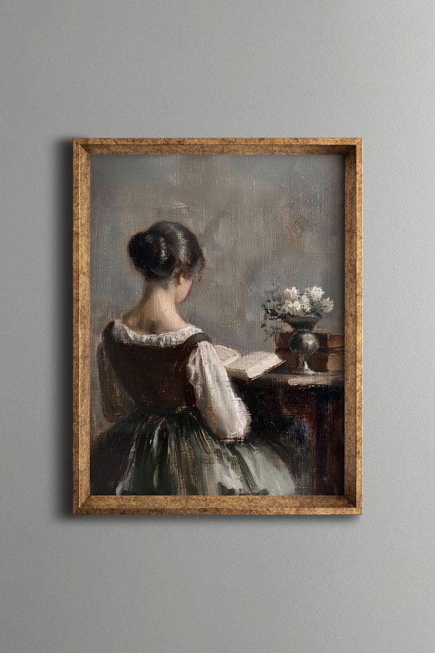 Young Woman Reading a Book - Vintage Patterned Painting - Slim Model