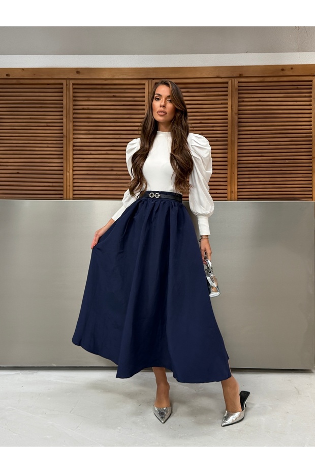 Pleated Flare Maxi Skirt with Elastic Waist Belt 9065 - Navy Blue