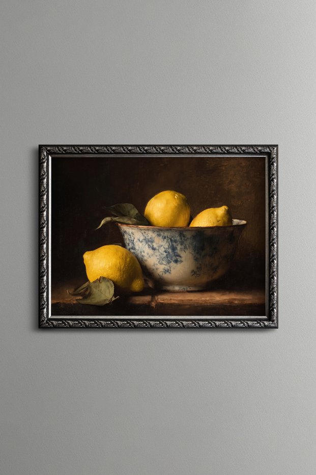 Lemons in a Chinese Ceramic Bowl - Vintage Patterned Painting - Fine Model