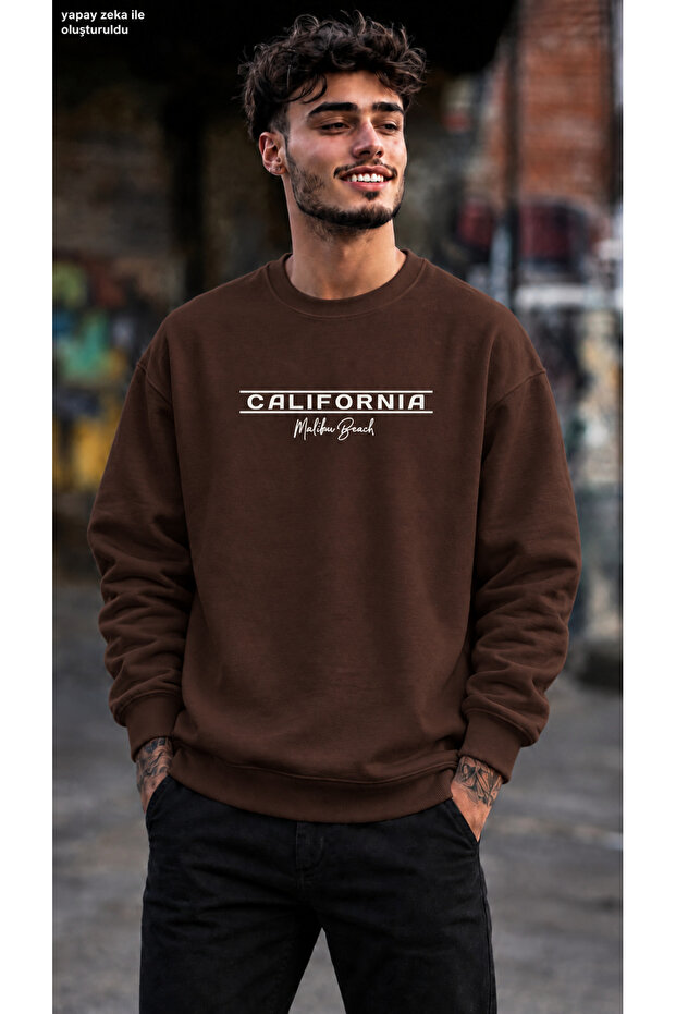 Men's California Malibu Beach Written Minimal Striped Graphic Printed Crew Neck Casual Regular Fit Sweatshirt