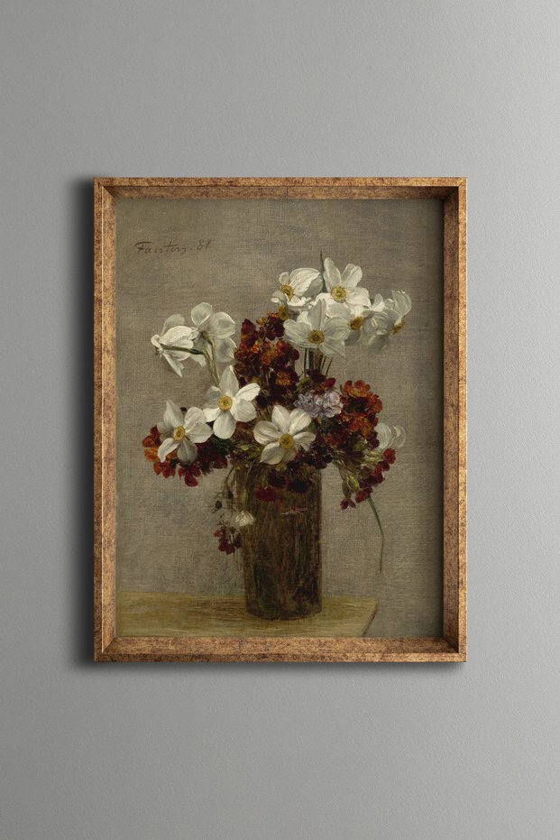 White Daffodils and Wildflowers - Vintage Patterned Painting - Fine Model