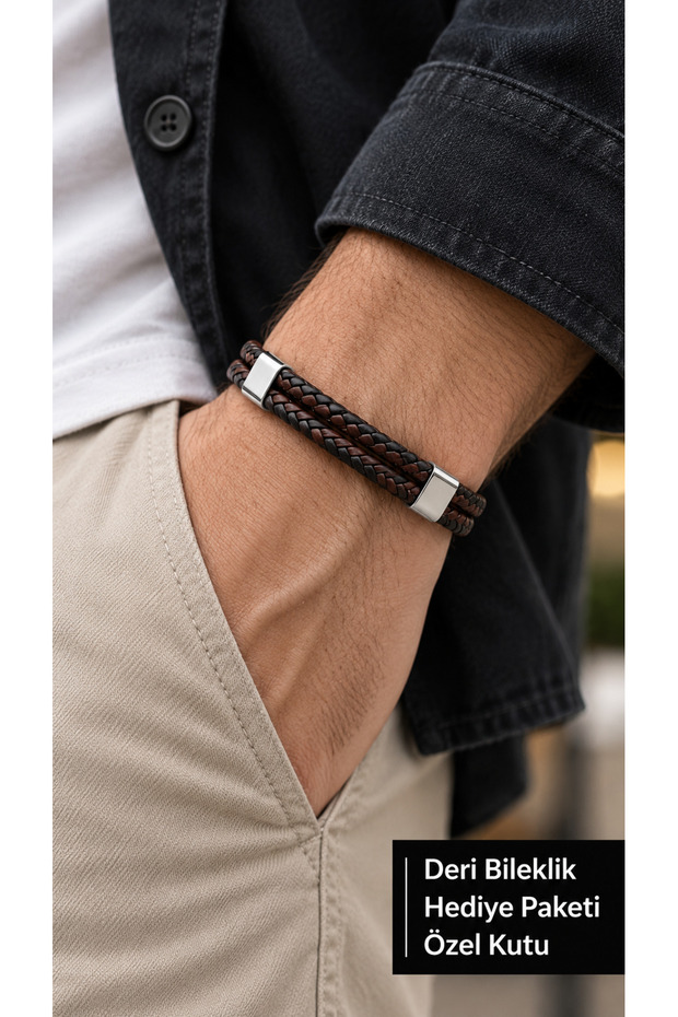 Morvantis Walnutlock Walnut Brown Leather Men's Bracelet - Double Braided Metal Hook