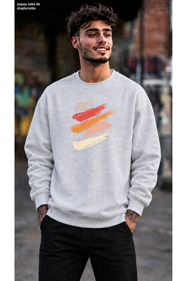 Men's Fantastic Active Sunshine Brush Print Crew Neck Casual Regular Fit Sweatshirt