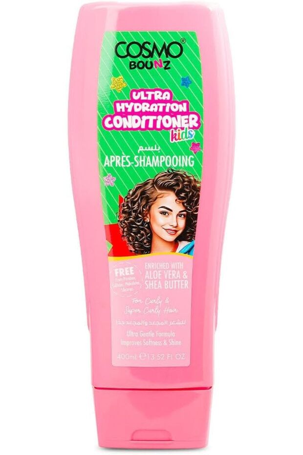 Cosmo Bounz Hair Care Ultra Hydration For Kids Hair Conditioner 400ml Pink For Curly Hair, With Aloe Vera & Shea Butter, Gentle Daily Use, Deep Moisture, Sulfate, Paraben & Tear Free