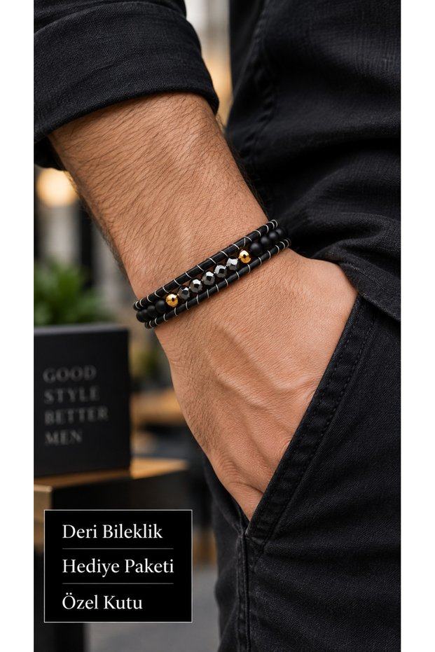 Vernalis Amberfacet Black Leather Men's Bracelet - Smoked Cornered Beads and Gold Tone Detail