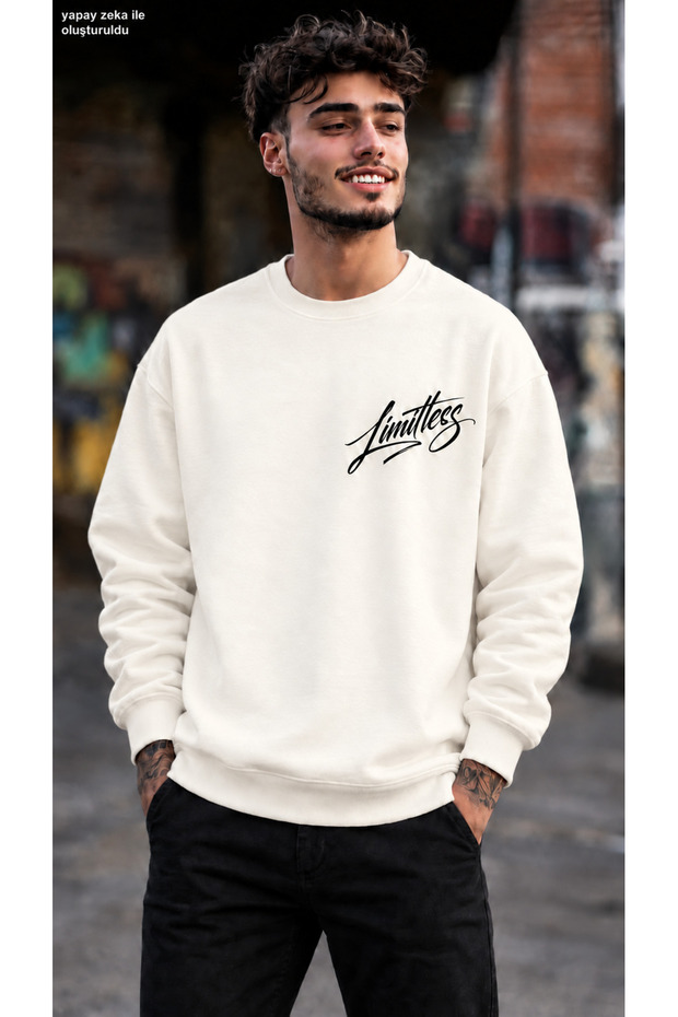 Men's Limitless Left Chest Calligraphy Printed Crew Neck Casual Regular Fit Sweatshirt