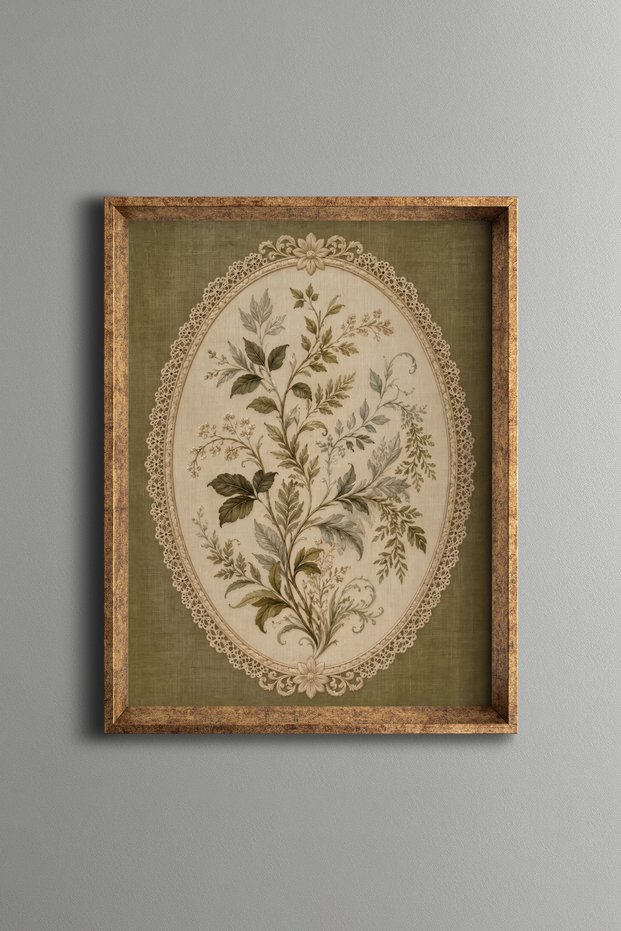 Botanical Branches in Oval Frame - Vintage Patterned Painting - Fine Model