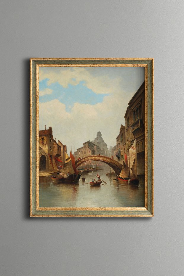 Bridge and Boats on the Venetian Canal - Vintage Patterned Painting - Fine Model