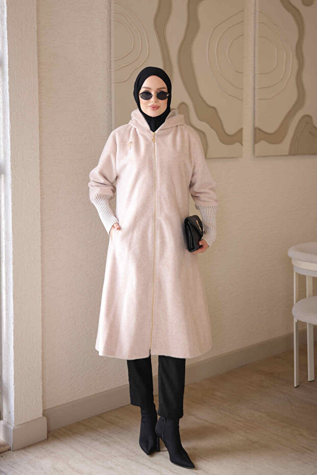 Beige Hooded Angora Cashmere Coat