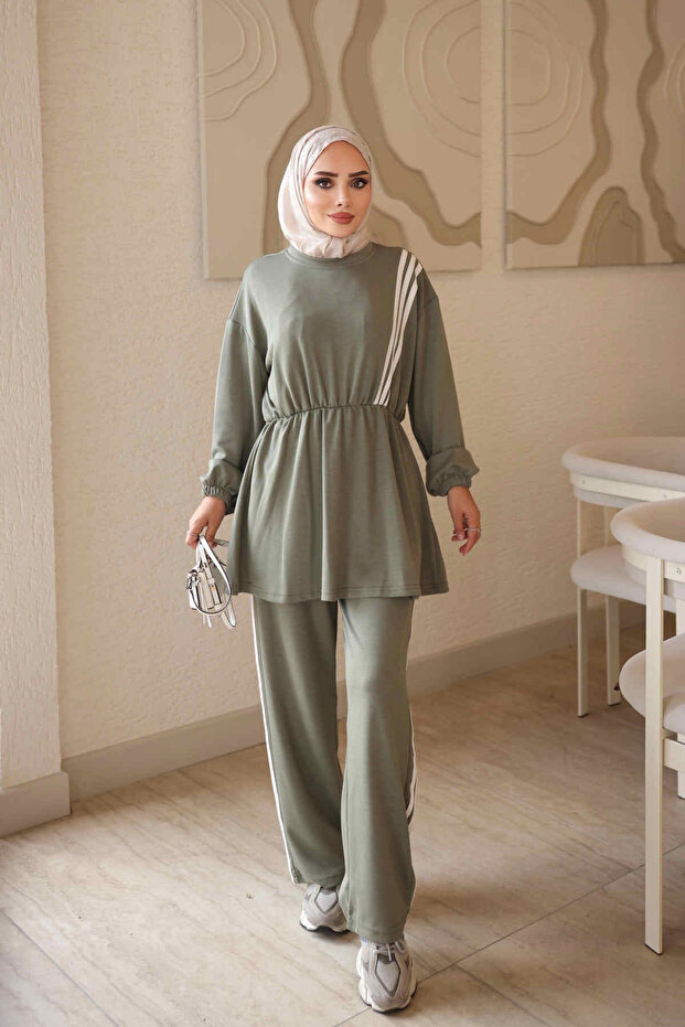 Khaki Elastic Waist Striped Tunic and Trousers Set