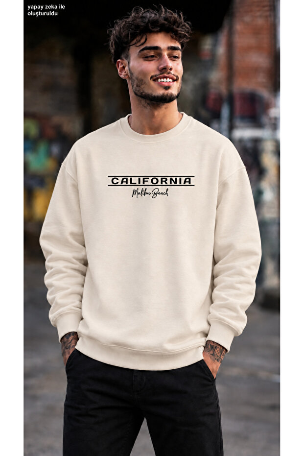 Men's California Malibu Beach Written Minimal Striped Graphic Printed Crew Neck Casual Regular Fit Sweatshirt