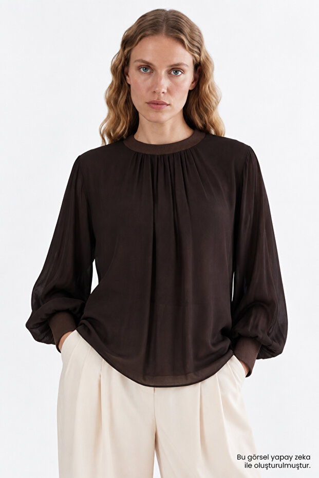 Ribbed Lined Crew Neck Regular Blouse