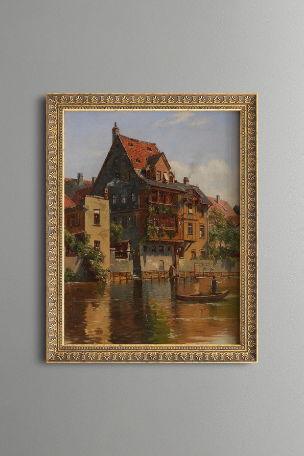 Historical Houses by the River - Vintage Patterned Painting - Fine Model