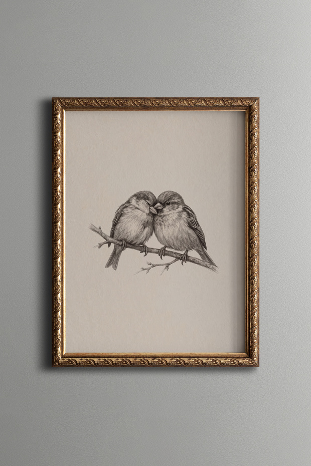 Two Birds Perching on a Branch - Vintage Patterned Painting - Fine Model