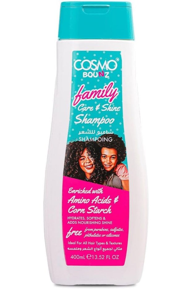 Cosmo Bounz Family Care & Shine Hair Shampoo 400ml White, Gentle Daily Cleanse For All Hair Types, Amino Acids & Corn Starch, Soft, Healthy, Naturally Shiny Hair, Paraben And Sulfate Free Shampoo