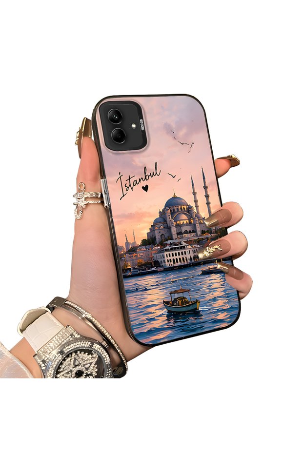 Samsung Galaxy A04E Compatible Silicone Edge Hard Back Case Istanbul Patterned Lovers Couple Phone Case