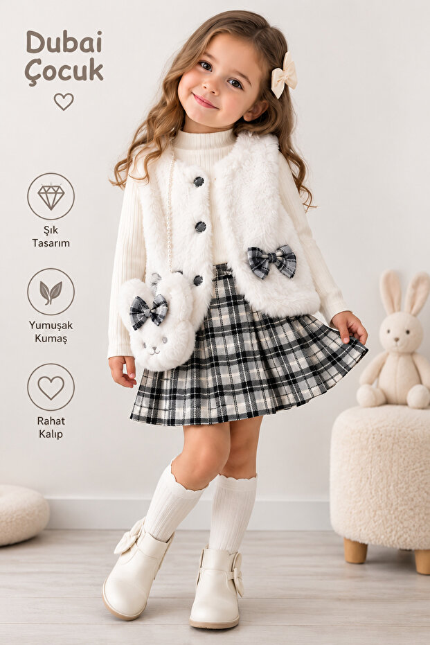 Girl's 4-Piece Plush Vest, Pleated Shorts, Skirt Set with Rabbit Bag, Ages 2-6