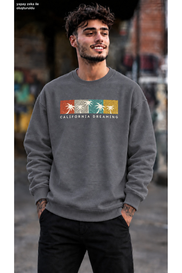 Men's California Dreaming Palm Tree Printed Crew Neck Casual Regular Fit Sweatshirt
