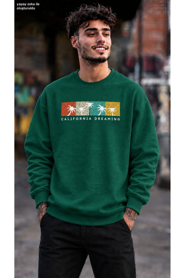 Men's California Dreaming Palm Tree Printed Crew Neck Casual Regular Fit Sweatshirt