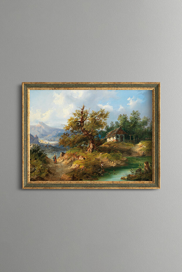 Village Life by the River - Vintage Patterned Painting - Fine Model