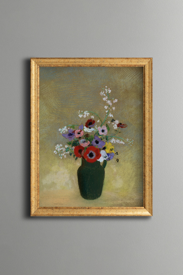 Mixed Flowers in a Large Green Vase - Vintage Patterned Painting - Fine Model