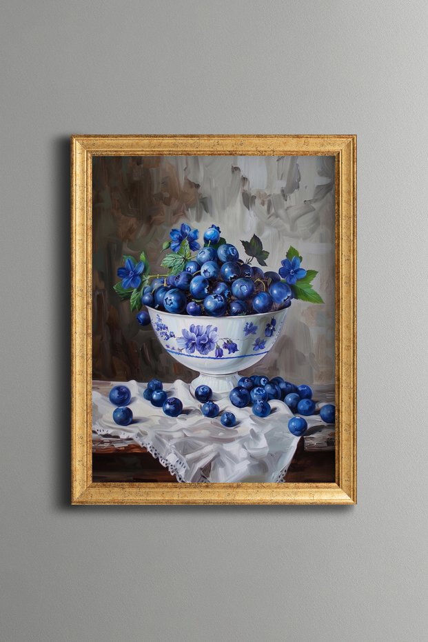 Blue Flowers and Blueberries in a Bowl - Vintage Patterned Painting - Fine Model