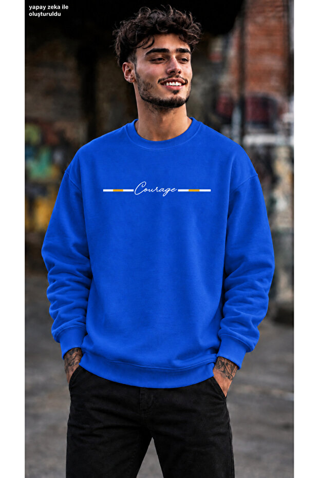 Men's Courage Stripe Detailed Printed Crew Neck Casual Regular Fit Sweatshirt