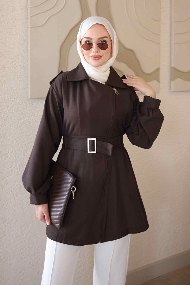 Brown Waist Drawstring Belt Detailed Zippered Jacket