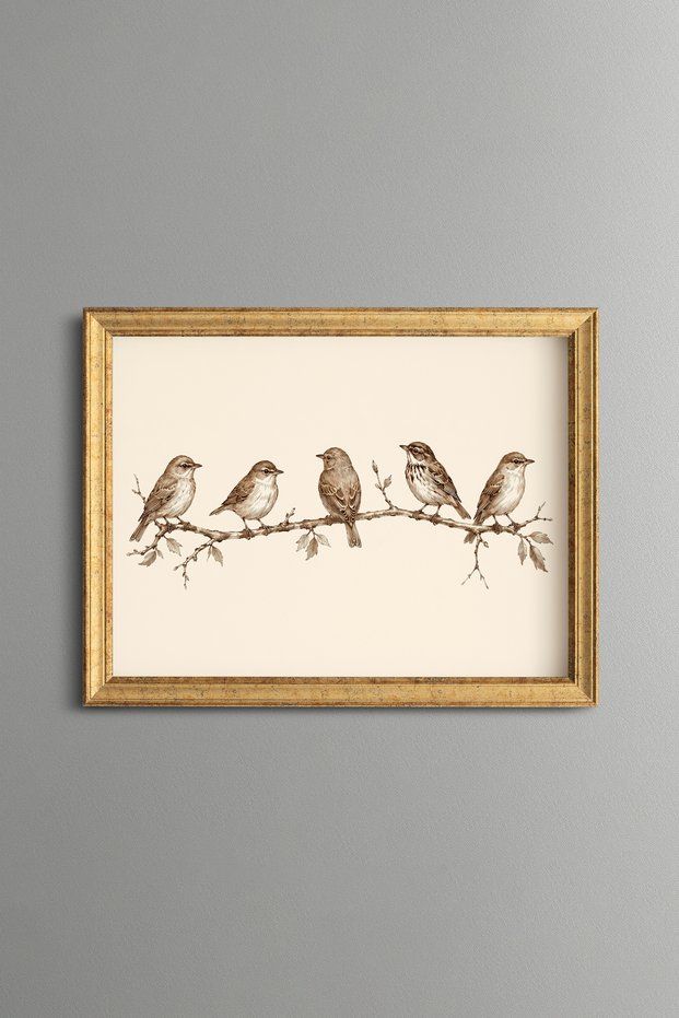 Five Sparrows on a Branch - Vintage Patterned Painting - Fine Model