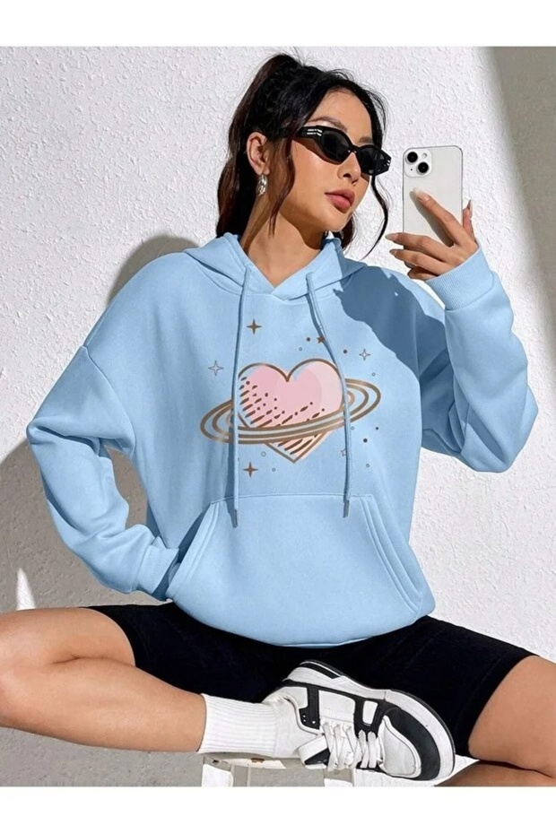 Kalp Sweatshirt - Baby Blue Printed Oversize Sweatshirt Printed Premium Oversize T-Shirt