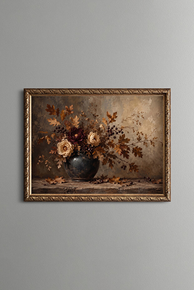 Autumn Leaves and Roses in a Vase - Vintage Patterned Painting - Fine Model