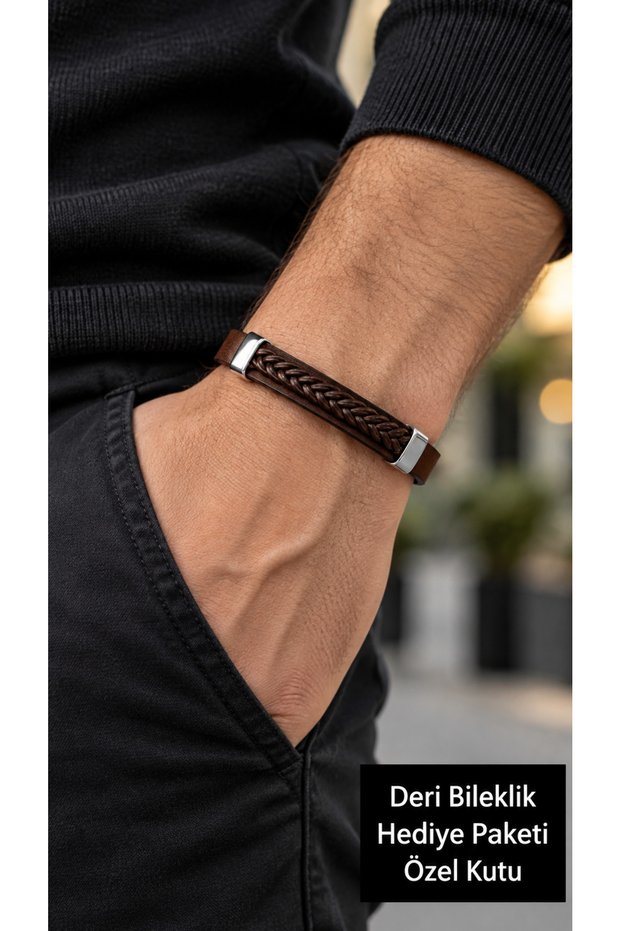 Thervio Chestnutweave Brown Leather Men's Bracelet - Knitted Strip over Wide Band