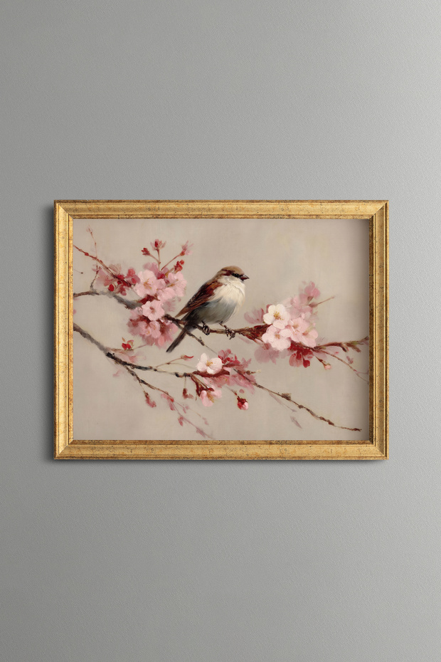 Bird on a Branch with Pink Flowers - Vintage Patterned Painting - Fine Model
