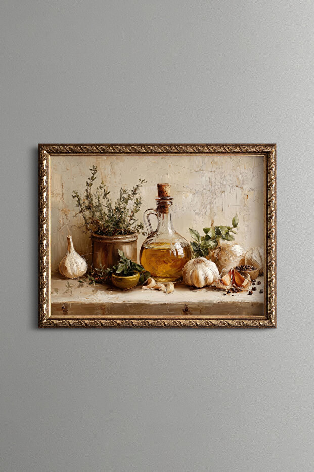Olive Oil and Garlic Still Life - Vintage Patterned Painting - Fine Model
