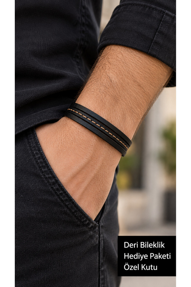 Certhano Goldstitch Black Leather Men's Bracelet - Thin Three Stripes with Gold-Tone Stitching