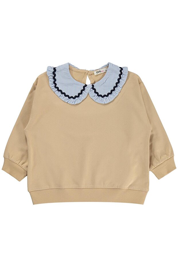 Civil Girls' Ruffled Collar Sweatshirt | 2 Threaded Long Sleeve Baby Collar | School Nursery and Daily Use - Beige