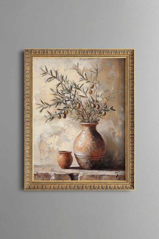 Olive Branches in a Vase - Vintage Patterned Painting - Fine Model