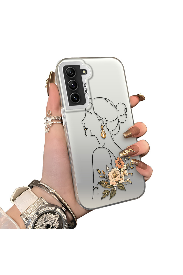 Silicone Edge Hard Back Case Compatible with Samsung Galaxy S21 Fe Line Art Patterned Phone Case