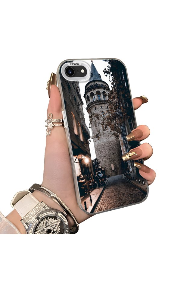 iPhone Se 2022 Compatible Silicone Edge Hard Back Case Galata Tower Patterned Phone Case