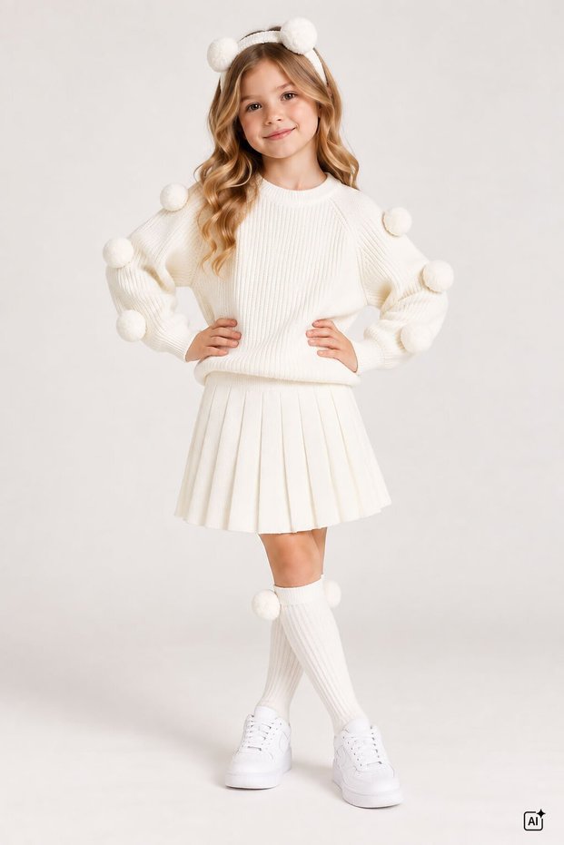 Ecru Girl's 4-Piece Set with Pompom Socks, Bandana, Knitwear, Sweater and Skirt 24948