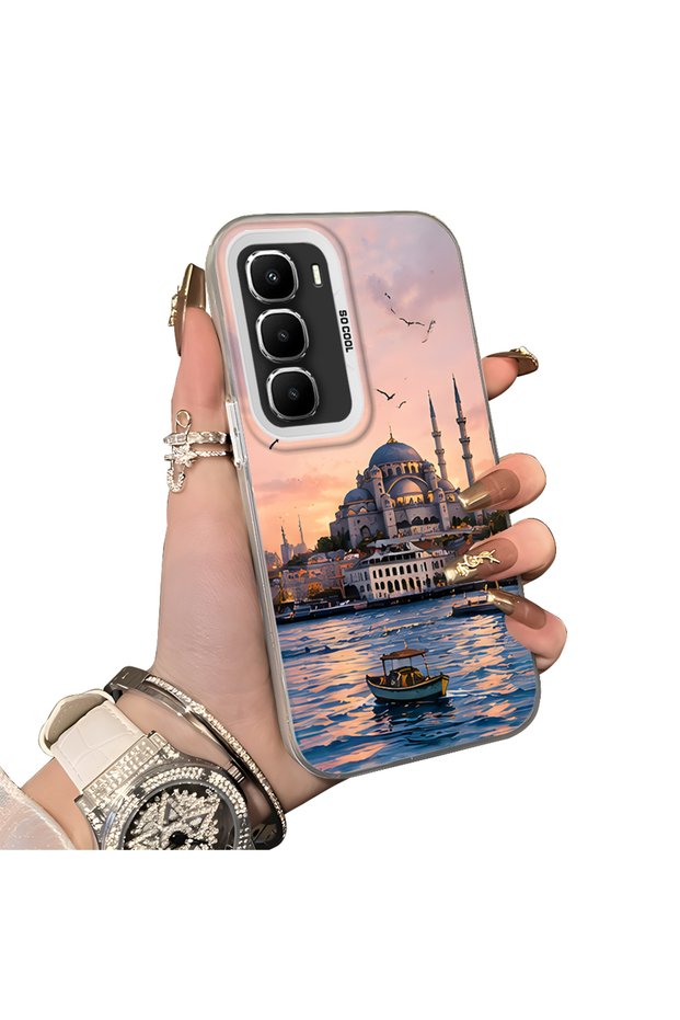 Infinix Hot 60 Pro Compatible Silicone Edge Hard Back Case Istanbul Patterned Lovers Couple Phone Case