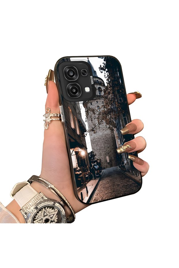 Oppo A6 Pro 5g Compatible Silicone Edge Hard Back Case Galata Tower Patterned Phone Case