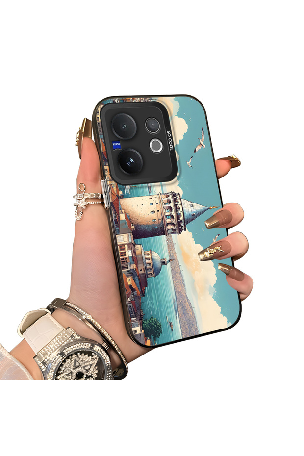 Vivo V60 5g Compatible Silicone Edge Hard Back Case Galata Tower Patterned Phone Case