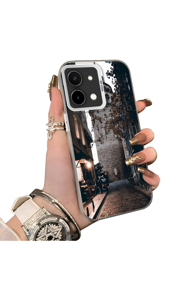 Vivo Y28 Compatible Silicone Edge Hard Back Case Galata Tower Patterned Phone Case