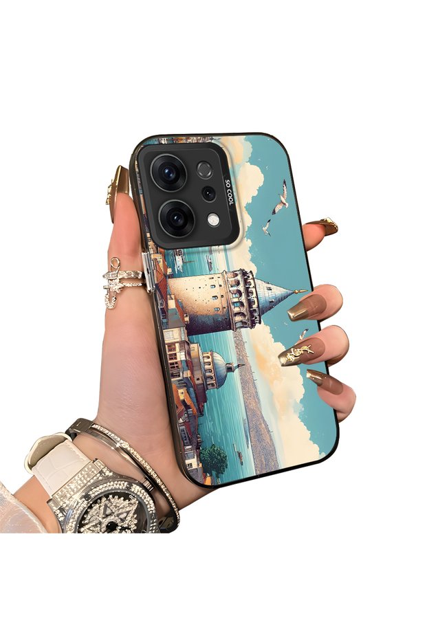 Oppo Reno 14 5g Compatible Silicone Edge Hard Back Case Galata Tower Patterned Phone Case