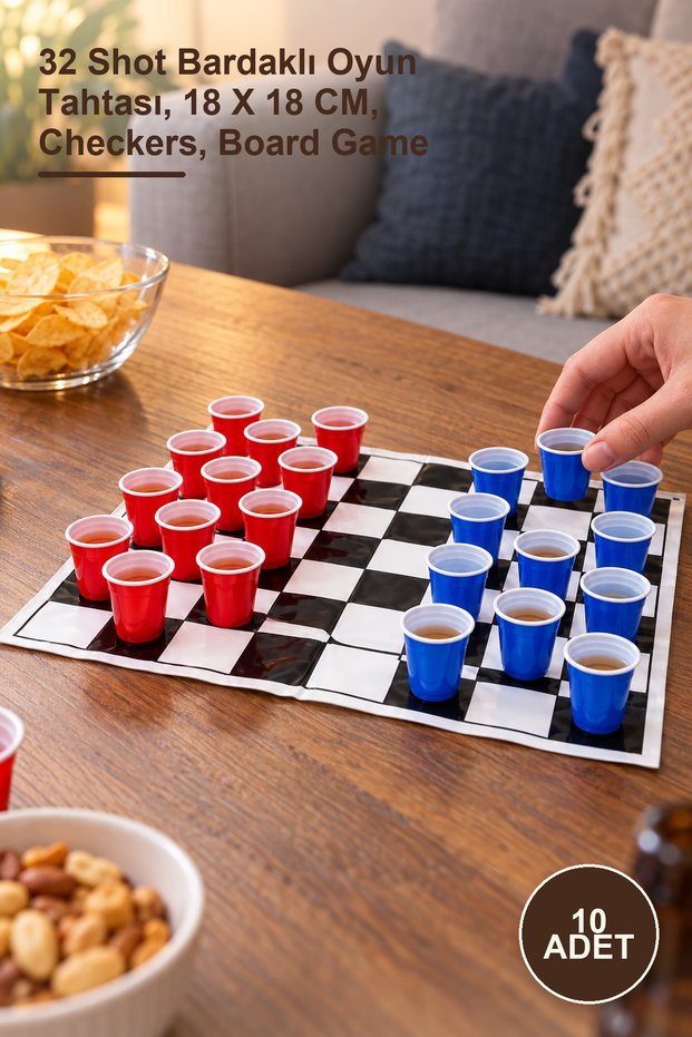 10 Pieces Checkers Game Set – Game Board with 32 Shot Cups, 18 X 18 Cm, Checkers, Board Game