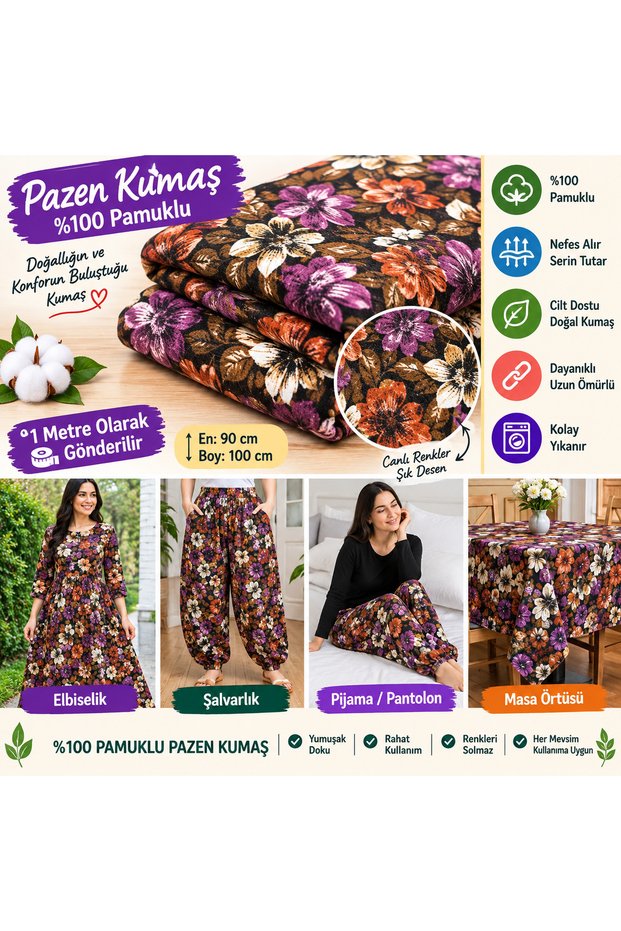 100% Cotton Flannel Fabric 90X100 cm Floral Patterned Dress Fabric, Shalwar Fabric, Pajama Fabric, Trouser Fabric, Tablecloth Fabric - 1 Meter