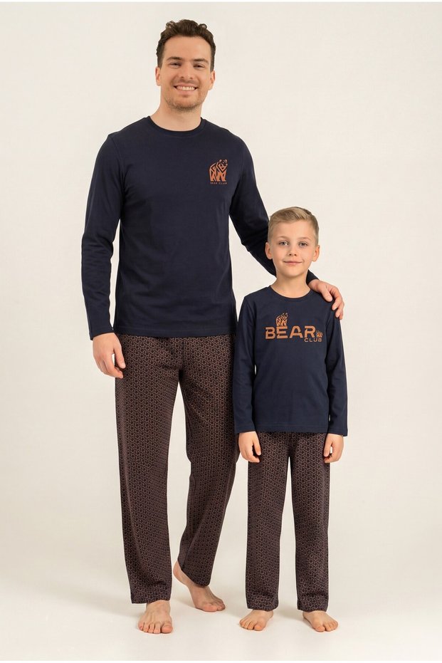 Navy Blue Uzunkol Father Son Pajama Set, 100% Cotton, Adult and Children's Pajamas Have Separate Prices