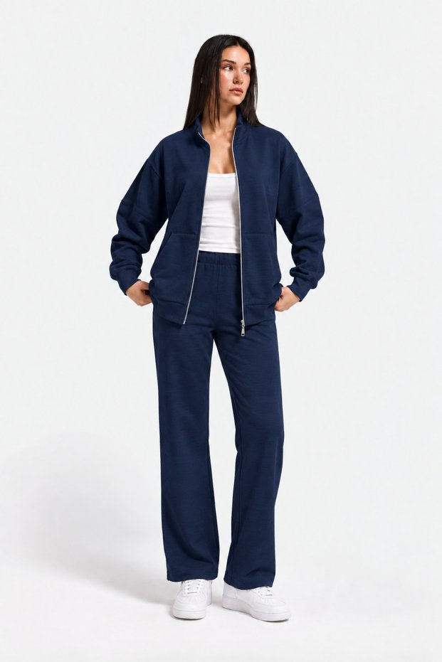 2 Thread Fabric Zippered Stand Collar Kangaroo Pocket Women's Tracksuit Set