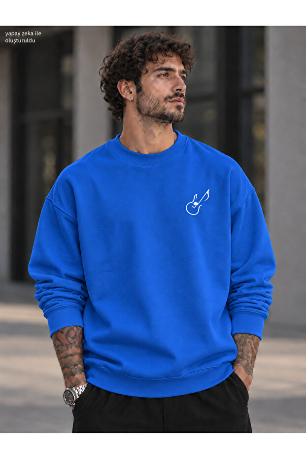 Men's Chest Emblem Guitar Note Line Graphic Printed Crew Neck Casual Regular Fit Sweatshirt